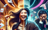 A gambler experiences both the highs and lows of casino play. One side of the image shows them celebrating a big win, the other side shows them frustrated after a losing streak.