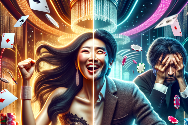 A gambler experiences both the highs and lows of casino play. One side of the image shows them celebrating a big win, the other side shows them frustrated after a losing streak.