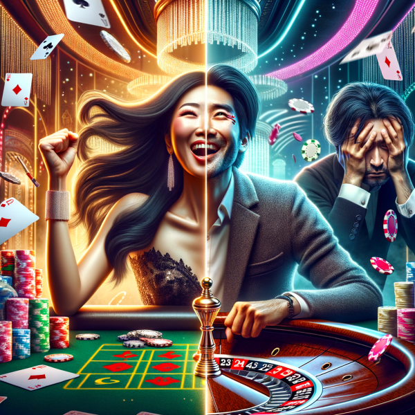 A gambler experiences both the highs and lows of casino play. One side of the image shows them celebrating a big win, the other side shows them frustrated after a losing streak.