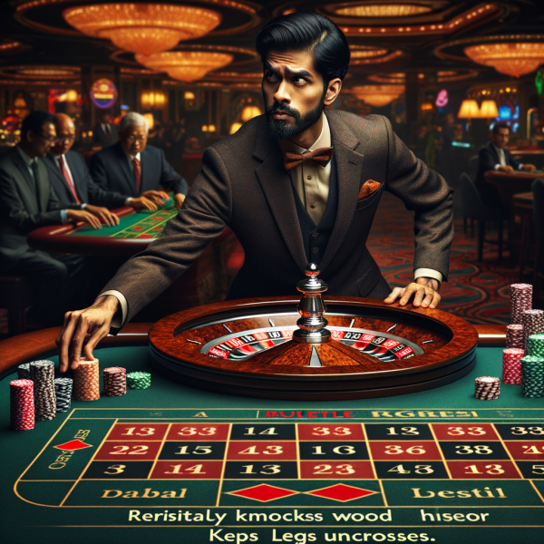 A gambler follows strange superstitions: knocking on the roulette table, avoiding a certain number, and refusing to cross their legs while playing.
