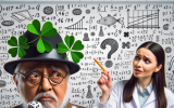 A gambler holding a lucky rabbit’s foot, dice, and a four-leaf clover, looking puzzled as numbers float around. A scientist in the background explains the statistical reality of ‘luck’ using charts.