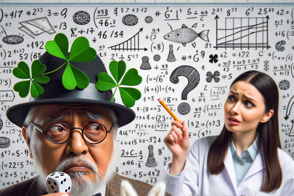 A gambler holding a lucky rabbit’s foot, dice, and a four-leaf clover, looking puzzled as numbers float around. A scientist in the background explains the statistical reality of ‘luck’ using charts.
