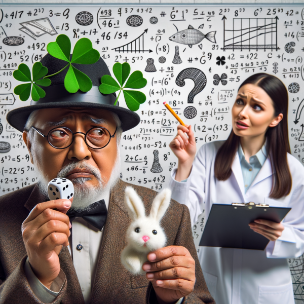 A gambler holding a lucky rabbit’s foot, dice, and a four-leaf clover, looking puzzled as numbers float around. A scientist in the background explains the statistical reality of ‘luck’ using charts.