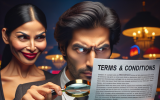 A gambler squints at an impossibly long terms & conditions contract filled with tiny text, holding a magnifying glass. A sneaky casino executive hides behind the document, smiling deviously.
