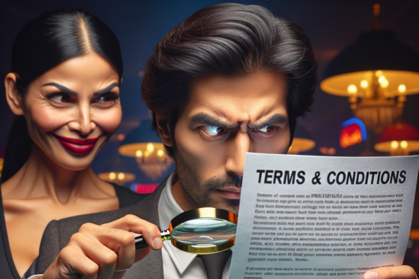 A gambler squints at an impossibly long terms & conditions contract filled with tiny text, holding a magnifying glass. A sneaky casino executive hides behind the document, smiling deviously.