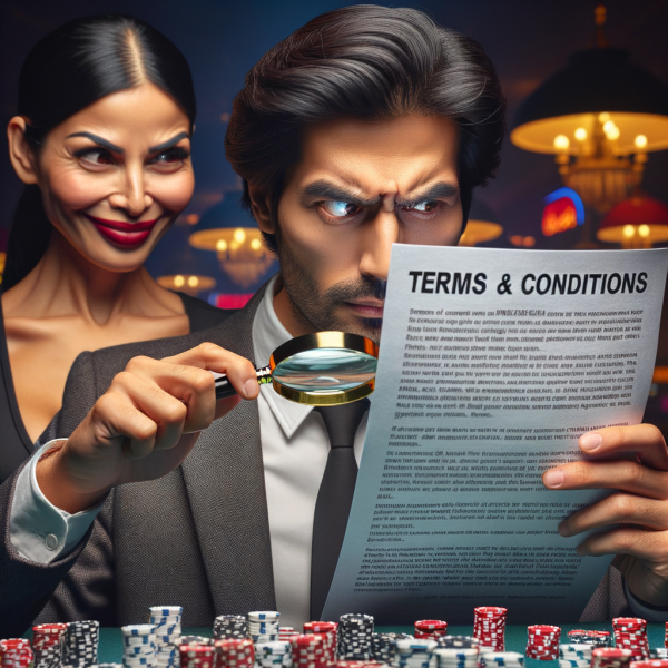 A gambler squints at an impossibly long terms & conditions contract filled with tiny text, holding a magnifying glass. A sneaky casino executive hides behind the document, smiling deviously.