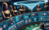 A high-tech security control room monitors a card counter at a blackjack table. A security alert goes off as the pit boss watches closely.