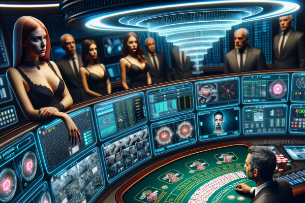 A high-tech security control room monitors a card counter at a blackjack table. A security alert goes off as the pit boss watches closely.