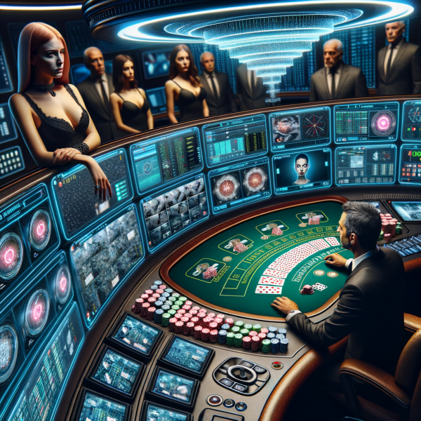 A high-tech security control room monitors a card counter at a blackjack table. A security alert goes off as the pit boss watches closely.