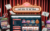 A laptop screen displaying an online casino with suspicious red flags: fake licenses, impossible bonus offers, and altered slot payouts.