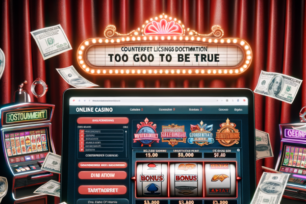 A laptop screen displaying an online casino with suspicious red flags: fake licenses, impossible bonus offers, and altered slot payouts.