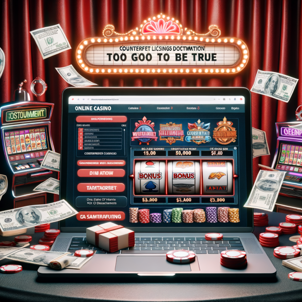 A laptop screen displaying an online casino with suspicious red flags: fake licenses, impossible bonus offers, and altered slot payouts.