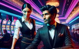 A luxurious high-roller casino lounge with a VIP gambler receiving exclusive perks like champagne, bonus chips, and a private blackjack table.