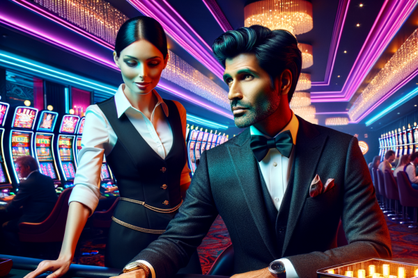 A luxurious high-roller casino lounge with a VIP gambler receiving exclusive perks like champagne, bonus chips, and a private blackjack table.
