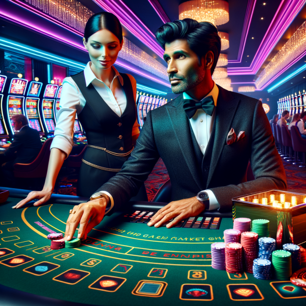 A luxurious high-roller casino lounge with a VIP gambler receiving exclusive perks like champagne, bonus chips, and a private blackjack table.
