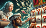 A scientist with a high-tech computer attempts to ‘crack’ a slot machine payout pattern. The slot reels, filled with question marks, spin unpredictably while the gambler watches in suspense