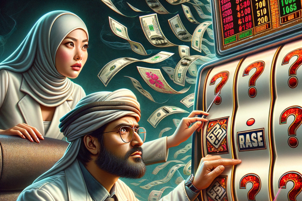 A scientist with a high-tech computer attempts to ‘crack’ a slot machine payout pattern. The slot reels, filled with question marks, spin unpredictably while the gambler watches in suspense