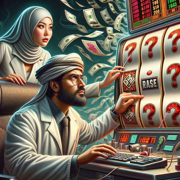 A scientist with a high-tech computer attempts to ‘crack’ a slot machine payout pattern. The slot reels, filled with question marks, spin unpredictably while the gambler watches in suspense