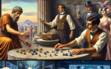 A time-travel journey through gambling history: an ancient Roman playing dice, a 1920s speakeasy poker game, and a modern online casino player.