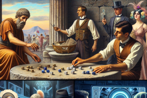 A time-travel journey through gambling history: an ancient Roman playing dice, a 1920s speakeasy poker game, and a modern online casino player.