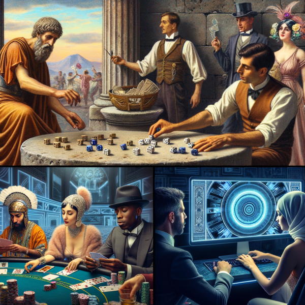 A time-travel journey through gambling history: an ancient Roman playing dice, a 1920s speakeasy poker game, and a modern online casino player.