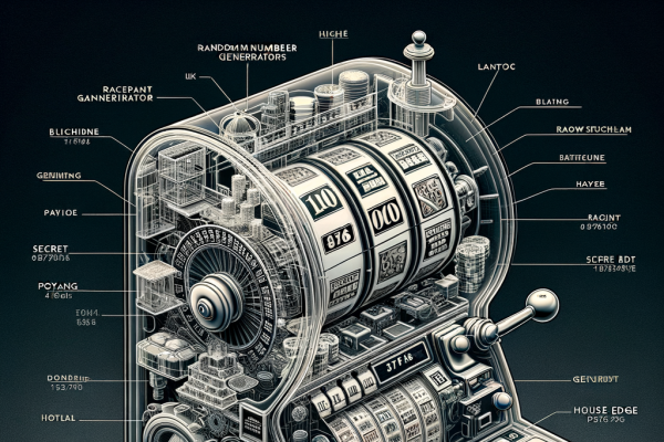 A transparent slot machine revealing its internal mechanics, including random number generators, payout algorithms, and hidden house edge percentages.