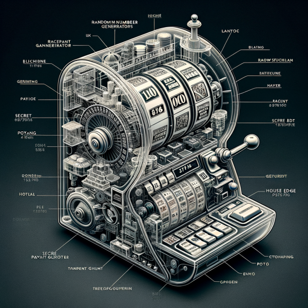 A transparent slot machine revealing its internal mechanics, including random number generators, payout algorithms, and hidden house edge percentages.