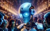 An anime AI robot playing poker against human opponents in a high-stakes cyber casino. The AI analyzes facial expressions and calculates odds in real-time while human players sweat nervously.