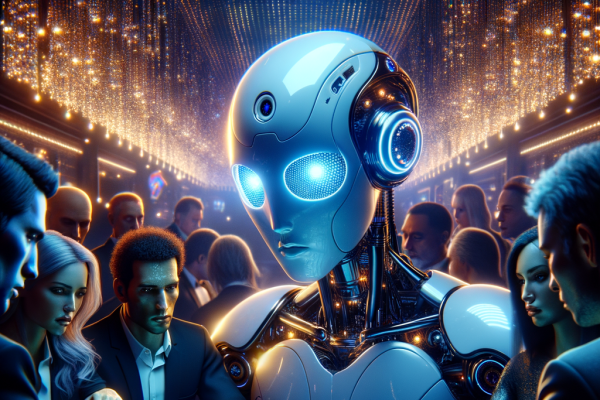An anime AI robot playing poker against human opponents in a high-stakes cyber casino. The AI analyzes facial expressions and calculates odds in real-time while human players sweat nervously.
