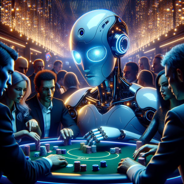 An anime AI robot playing poker against human opponents in a high-stakes cyber casino. The AI analyzes facial expressions and calculates odds in real-time while human players sweat nervously.
