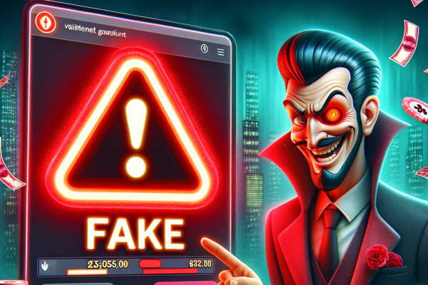An anime gambler stares at a suspicious-looking online casino website with a ‘FAKE’ warning flashing in red. In the background, a sneaky villain in a suit smirks while players unknowingly lose their money.