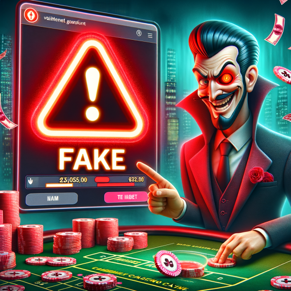 An anime gambler stares at a suspicious-looking online casino website with a ‘FAKE’ warning flashing in red. In the background, a sneaky villain in a suit smirks while players unknowingly lose their money.