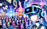 An anime gamer wearing a VR headset, fully immersed in a virtual casino world filled with floating slot machines, digital poker tables, and AI dealers. The casino environment looks surreal and futuristic.
