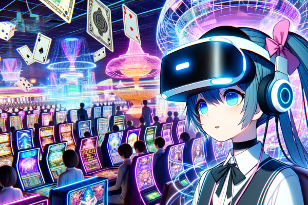 An anime gamer wearing a VR headset, fully immersed in a virtual casino world filled with floating slot machines, digital poker tables, and AI dealers. The casino environment looks surreal and futuristic.