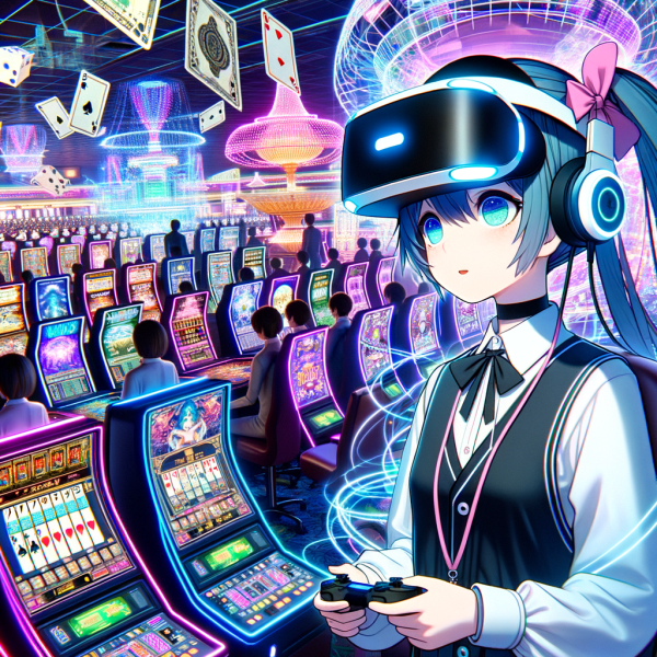 An anime gamer wearing a VR headset, fully immersed in a virtual casino world filled with floating slot machines, digital poker tables, and AI dealers. The casino environment looks surreal and futuristic.
