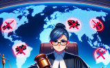 An anime-style courtroom scene where a judge holds up a ban hammer over a glowing casino table. Behind them, a world map shows countries where certain games are prohibited, with casino chips and dice fading into red ‘X’ marks.