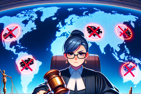 An anime-style courtroom scene where a judge holds up a ban hammer over a glowing casino table. Behind them, a world map shows countries where certain games are prohibited, with casino chips and dice fading into red ‘X’ marks.