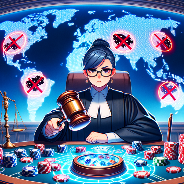 An anime-style courtroom scene where a judge holds up a ban hammer over a glowing casino table. Behind them, a world map shows countries where certain games are prohibited, with casino chips and dice fading into red ‘X’ marks.