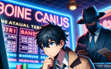 An anime-style detective character carefully reading the fine print of an online casino bonus offer, while in the background, a devious casino manager hides the real terms behind a wall of glowing neon signs