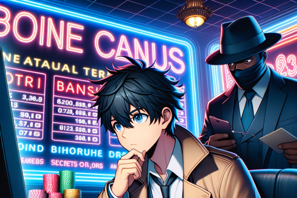 An anime-style detective character carefully reading the fine print of an online casino bonus offer, while in the background, a devious casino manager hides the real terms behind a wall of glowing neon signs