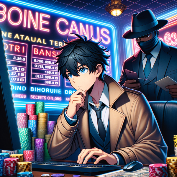 An anime-style detective character carefully reading the fine print of an online casino bonus offer, while in the background, a devious casino manager hides the real terms behind a wall of glowing neon signs