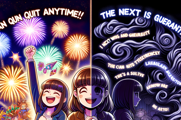 An emotional anime scene showing two versions of the same gambler: one celebrating a win with fireworks in the background, the other sitting alone, broke and regretful. Floating around them are misleading myths like ‘I can quit anytime’ and ‘The next win is guaranteed.