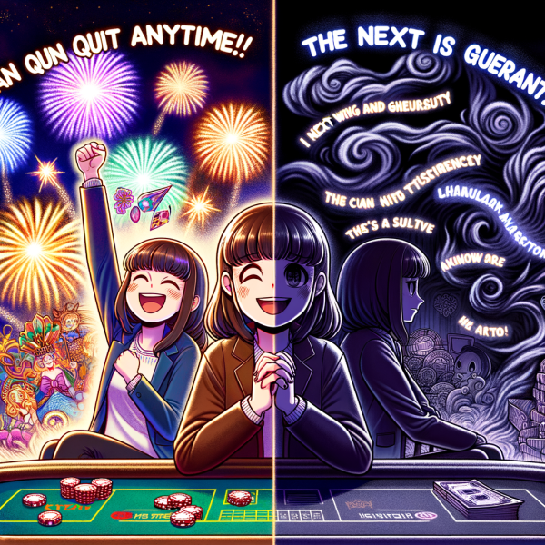 An emotional anime scene showing two versions of the same gambler: one celebrating a win with fireworks in the background, the other sitting alone, broke and regretful. Floating around them are misleading myths like ‘I can quit anytime’ and ‘The next win is guaranteed.