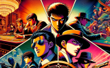 An epic anime-style collage featuring characters inspired by famous casino movies—an intense poker match, a dramatic roulette spin, and a thrilling casino heist scene with masked thieves sneaking past laser security.