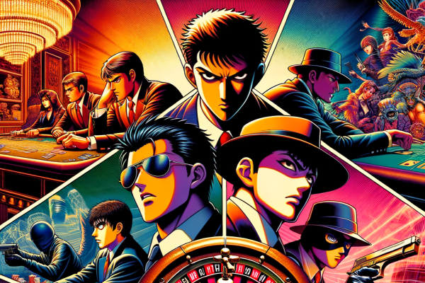 An epic anime-style collage featuring characters inspired by famous casino movies—an intense poker match, a dramatic roulette spin, and a thrilling casino heist scene with masked thieves sneaking past laser security.