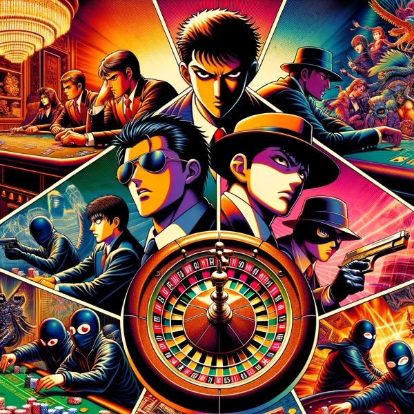 An epic anime-style collage featuring characters inspired by famous casino movies—an intense poker match, a dramatic roulette spin, and a thrilling casino heist scene with masked thieves sneaking past laser security.