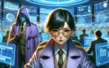 Anime-style futuristic casino security center with high-tech holographic screens monitoring transactions. A serious-looking investigator analyzes red-flagged transactions, while a shady character in the background attempts to launder money through chips.