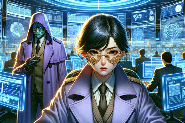 Anime-style futuristic casino security center with high-tech holographic screens monitoring transactions. A serious-looking investigator analyzes red-flagged transactions, while a shady character in the background attempts to launder money through chips.