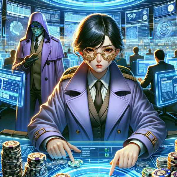 Anime-style futuristic casino security center with high-tech holographic screens monitoring transactions. A serious-looking investigator analyzes red-flagged transactions, while a shady character in the background attempts to launder money through chips.
