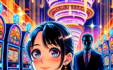 Anime-style illustration of a glamorous casino filled with hypnotic neon lights and slot machines. A young gambler with wide eyes is drawn into the flashing screens, while a shadowy casino executive smirks behind them, pulling invisible strings